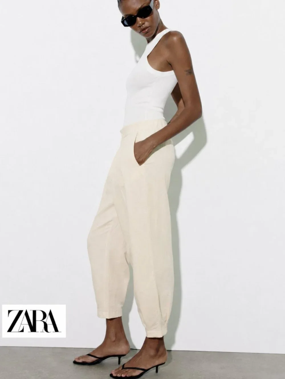 ZARA High-waist Linen Blend Carrot Trousers Tailored Look Side pockets